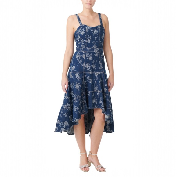 NWT Jewel Badgley Mischka Rose Print High Low Denim Dress Size 8 Dark Blue - Picture 2 of 15